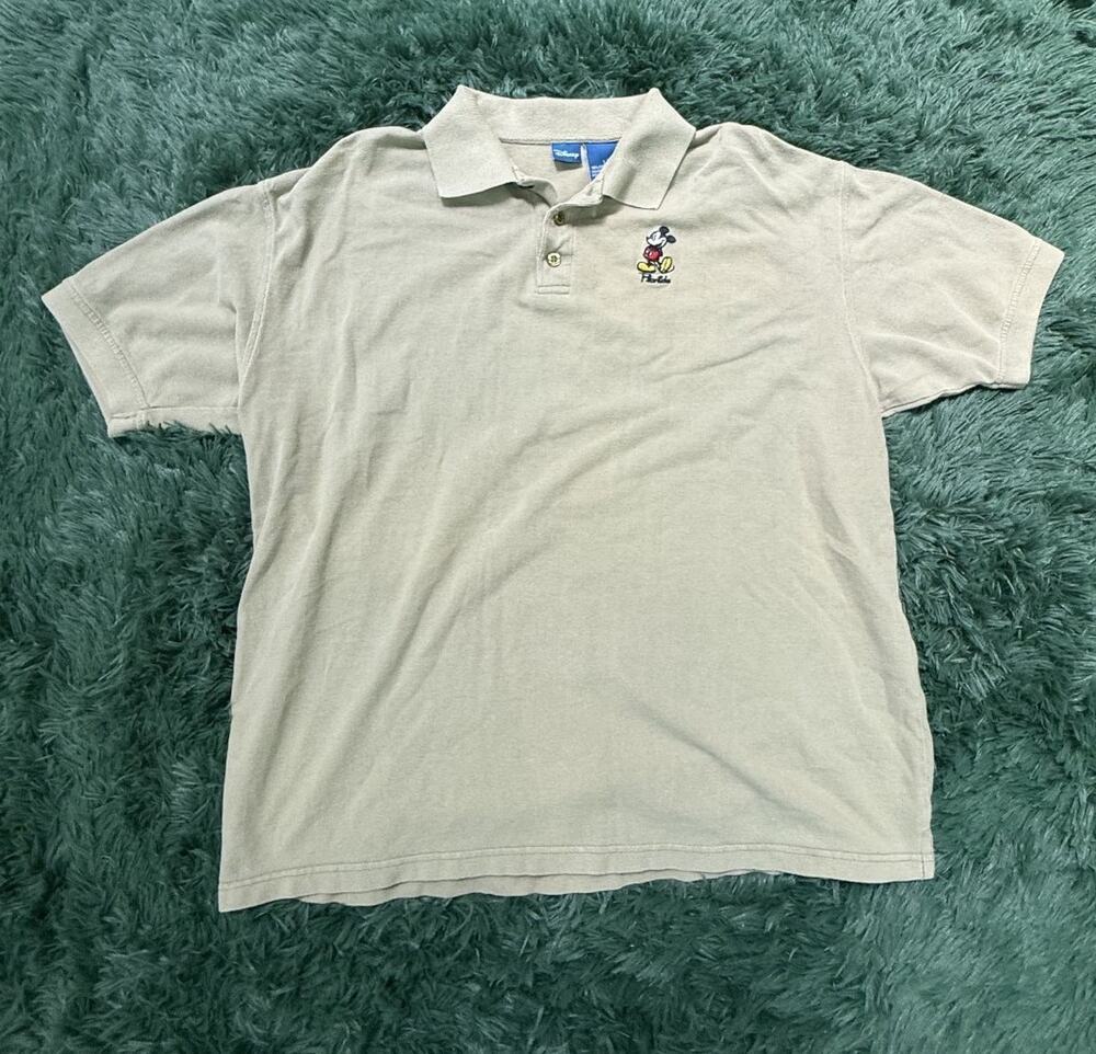VTG Disney Men's L Tan Khaki Mickey Mouse Florida Embroidered Polo Shirt Cotton